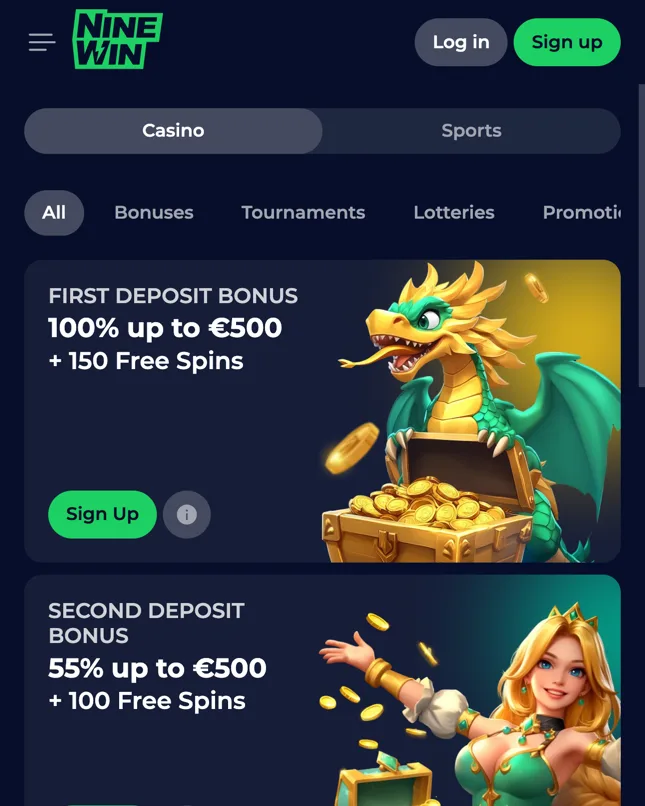 NineWin promotion cards on a mobile casino page