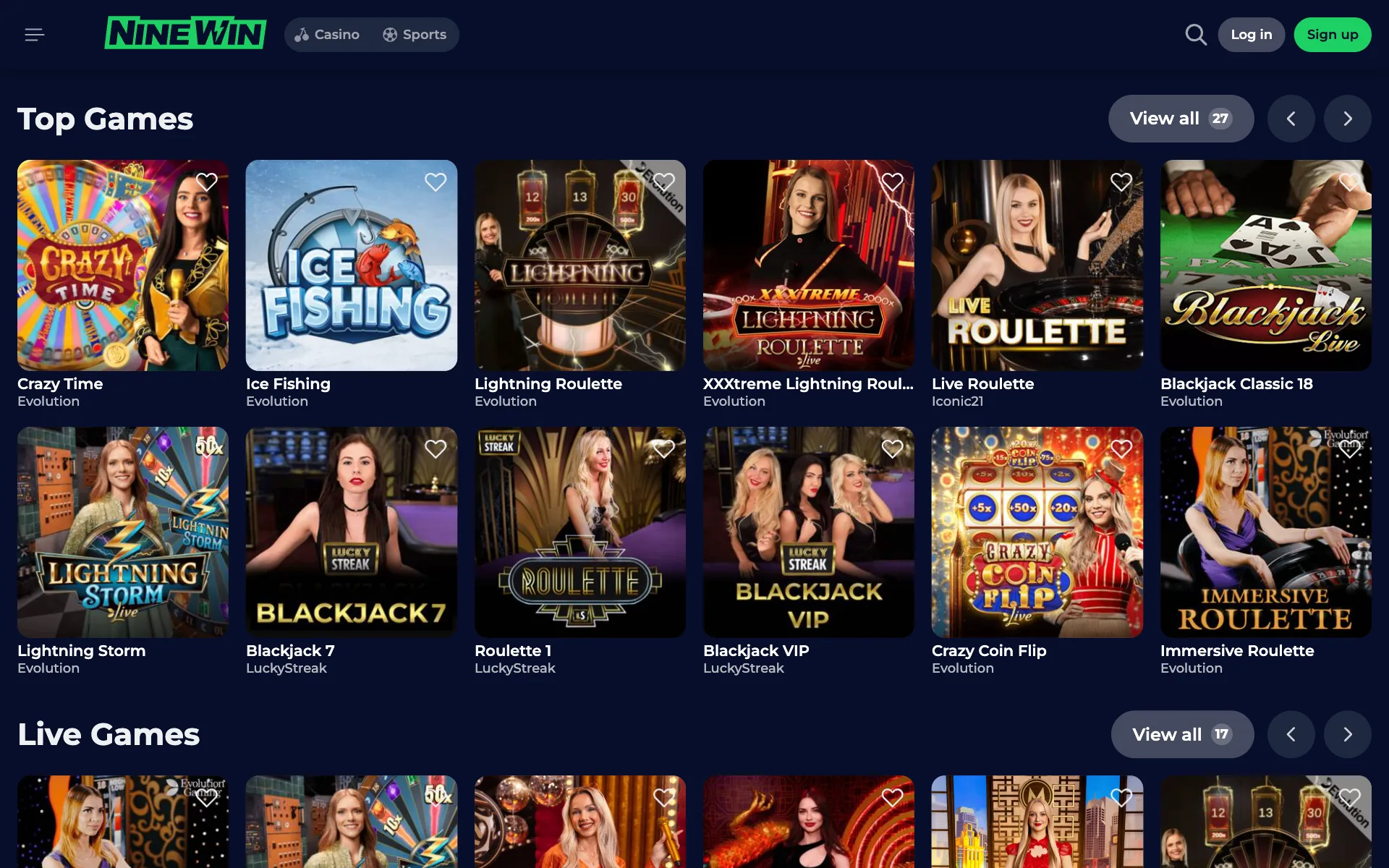 NineWin live dealer lobby with roulette and blackjack tables